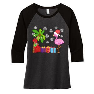 Flamingo Santa Hat Christmas In July Hawaiian Lover Holiday Women's Tri-Blend 3/4-Sleeve Raglan Shirt