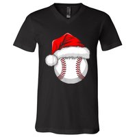 Funny Santa Hat Xmas Sport Lover Christmas Baseball Player V-Neck T-Shirt