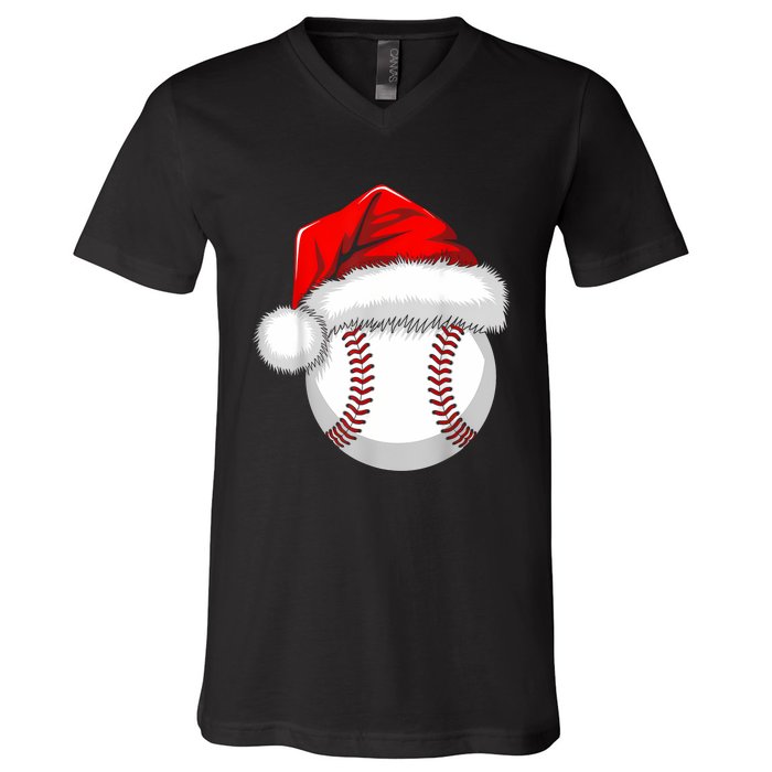 Funny Santa Hat Xmas Sport Lover Christmas Baseball Player V-Neck T-Shirt