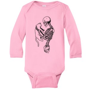 Funny Skeleton Holding A Cat, Cat Lover, Cat Mom, Halloween Baby Long Sleeve Bodysuit