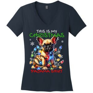 Frenchie Santa Hat & Christmas Lights Cute French Bulldog Women's V-Neck T-Shirt