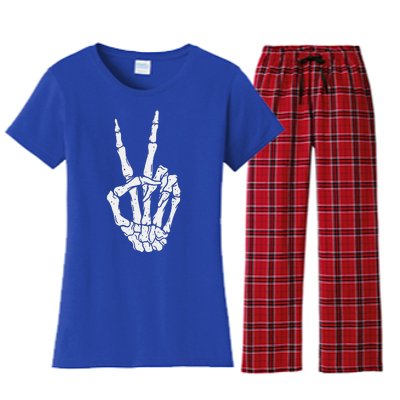 Funny Scary Halloween Skeleton Peace Hand Sign Women's Flannel Pajama Set