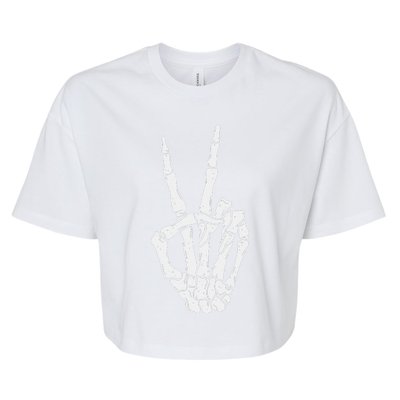 Funny Scary Halloween Skeleton Peace Hand Sign Bella+Canvas Jersey Crop Tee