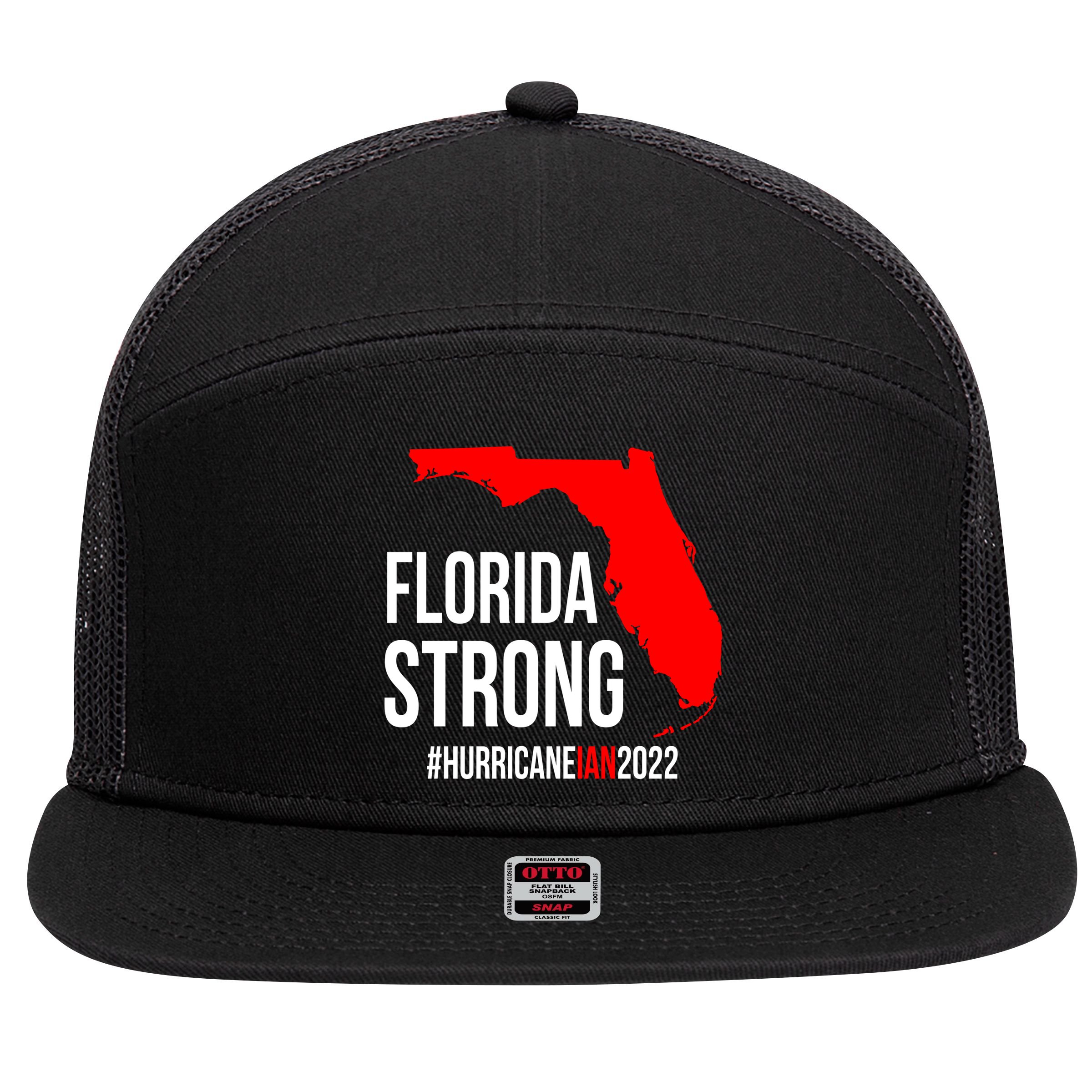 Florida Strong Hurricane Ian Support Florida Vintage American US Flag 7 Panel Mesh Trucker Snapback Hat