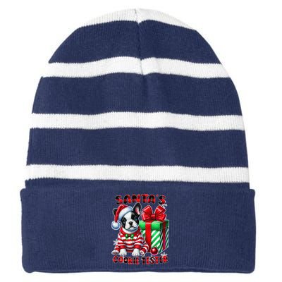 Frenchie Santa Hat & Christmas Lights Cute French Bulldog Striped Beanie with Solid Band