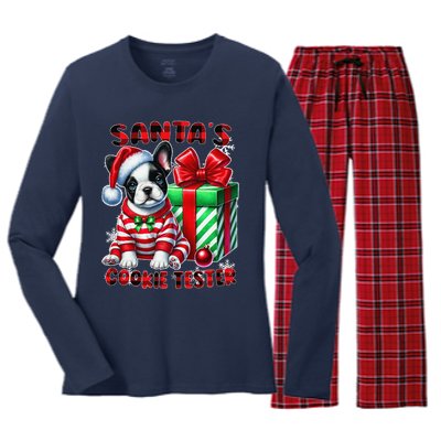 Frenchie Santa Hat & Christmas Lights Cute French Bulldog Women's Long Sleeve Flannel Pajama Set 