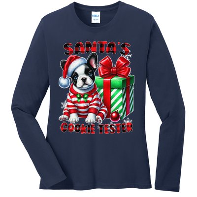 Frenchie Santa Hat & Christmas Lights Cute French Bulldog Ladies Long Sleeve Shirt