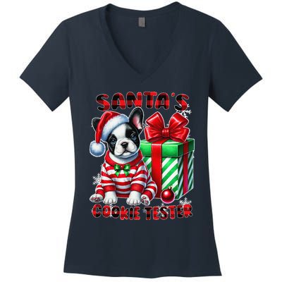 Frenchie Santa Hat & Christmas Lights Cute French Bulldog Women's V-Neck T-Shirt