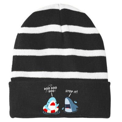 Funny Shark Humor Shark Singing Meme Style Striped Beanie with Solid Band