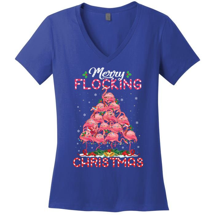 Flamingo Santa Hat Reindeer Xmas Merry Flocking Christmas Gift Women's V-Neck T-Shirt