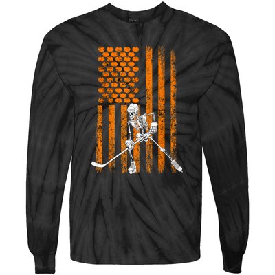 Funny Skeleton Halloween Ice Hockey Player Fan Gift Tie-Dye Long Sleeve Shirt