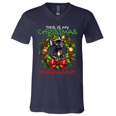 Frenchie Santa Hat & Christmas Lights Cute French Bulldog V-Neck T-Shirt