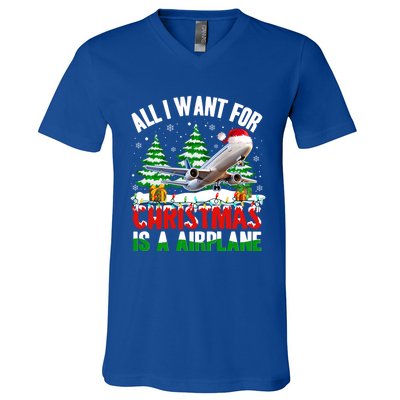 Funny Santa Hat I Want For Christmas Is A Airplane Ugly Xmas Cool Gift V-Neck T-Shirt