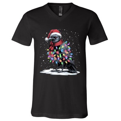 Funny Santa Hat Crow Crow Christmas Tree Lights V-Neck T-Shirt