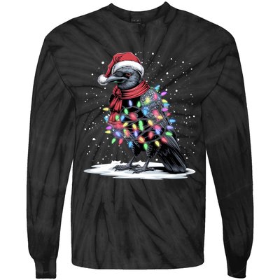 Funny Santa Hat Crow Crow Christmas Tree Lights Tie-Dye Long Sleeve Shirt