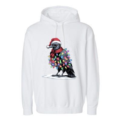 Funny Santa Hat Crow Crow Christmas Tree Lights Garment-Dyed Fleece Hoodie