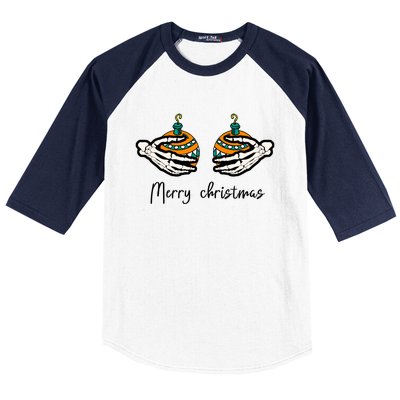 Funny Skeleton Hand Merry Christmas Balls Humor Spooky Xmas Gift Baseball Sleeve Shirt