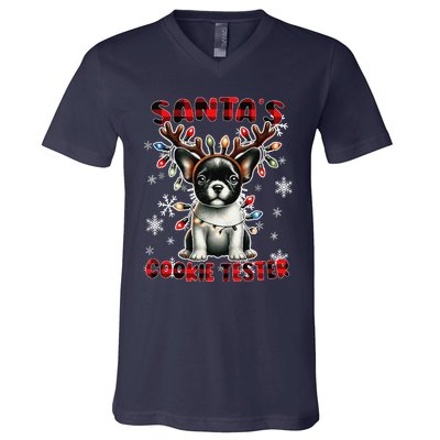 Frenchie Santa Hat & Christmas Lights Cute French Bulldog V-Neck T-Shirt