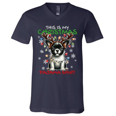 Frenchie Santa Hat & Christmas Lights Cute French Bulldog V-Neck T-Shirt