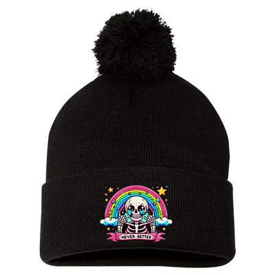 Funny Skeleton Halloween S Never Better Skull Rainbow Pom Pom 12in Knit Beanie