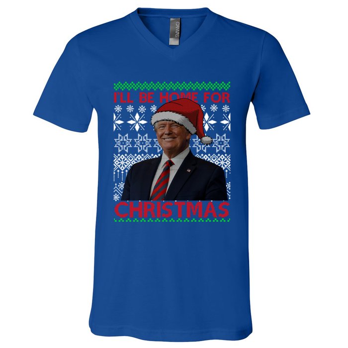 Funny Santa Hat Trump I’Ll Be Home For Christmas Xmas 2024 Gift V-Neck T-Shirt