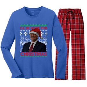 Funny Santa Hat Trump I’Ll Be Home For Christmas Xmas 2024 Gift Women's Long Sleeve Flannel Pajama Set 