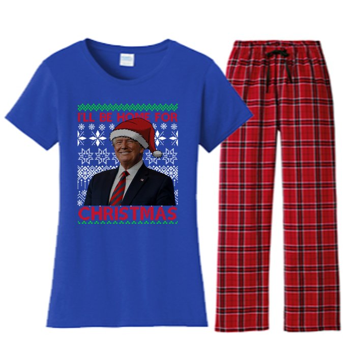 Funny Santa Hat Trump I’Ll Be Home For Christmas Xmas 2024 Gift Women's Flannel Pajama Set