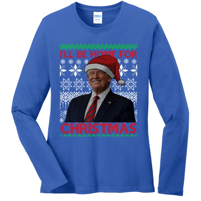 Funny Santa Hat Trump I’Ll Be Home For Christmas Xmas 2024 Gift Ladies Long Sleeve Shirt