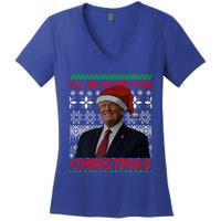 Funny Santa Hat Trump I’Ll Be Home For Christmas Xmas 2024 Gift Women's V-Neck T-Shirt