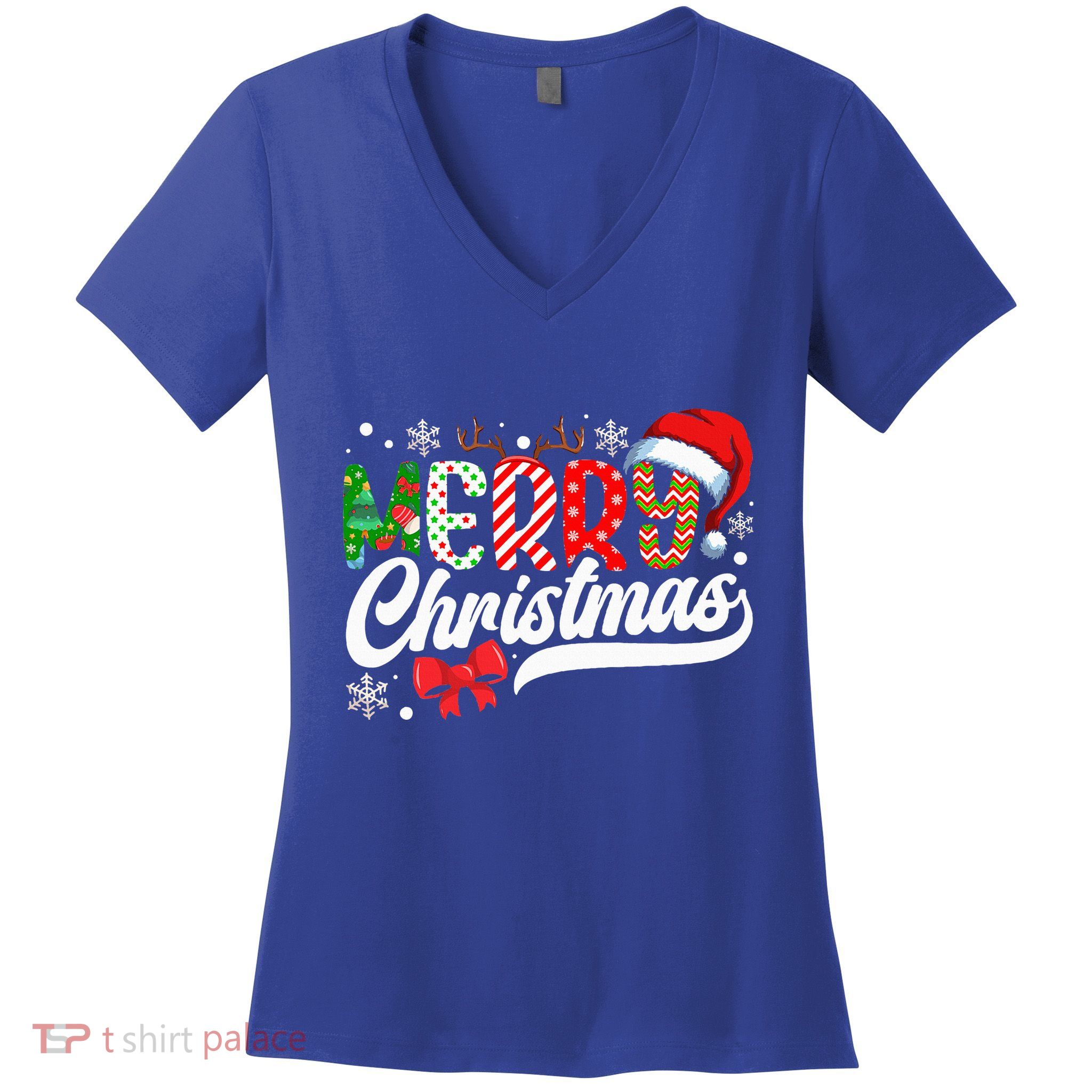Festive Santa Hat with Plaid Pattern Women's V-Neck T-Shirt