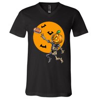 Football Skeleton Halloween Football Halloween V-Neck T-Shirt