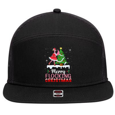 Flamingo Santa Hat Dancing On Snow Merry Flocking Christmas Funny Gift 7 Panel Mesh Trucker Snapback Hat