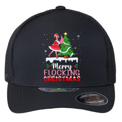 Flamingo Santa Hat Dancing On Snow Merry Flocking Christmas Funny Gift Flexfit Unipanel Trucker Cap