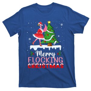 Flamingo Santa Hat Dancing On Snow Merry Flocking Christmas Funny Gift T-Shirt