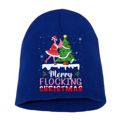 Flamingo Santa Hat Dancing On Snow Merry Flocking Christmas Funny Gift Short Acrylic Beanie