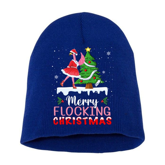 Flamingo Santa Hat Dancing On Snow Merry Flocking Christmas Funny Gift Short Acrylic Beanie