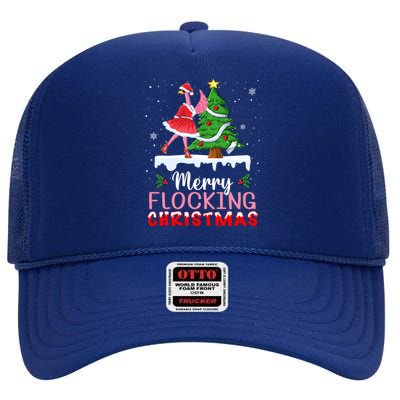 Flamingo Santa Hat Dancing On Snow Merry Flocking Christmas Funny Gift High Crown Mesh Back Trucker Hat