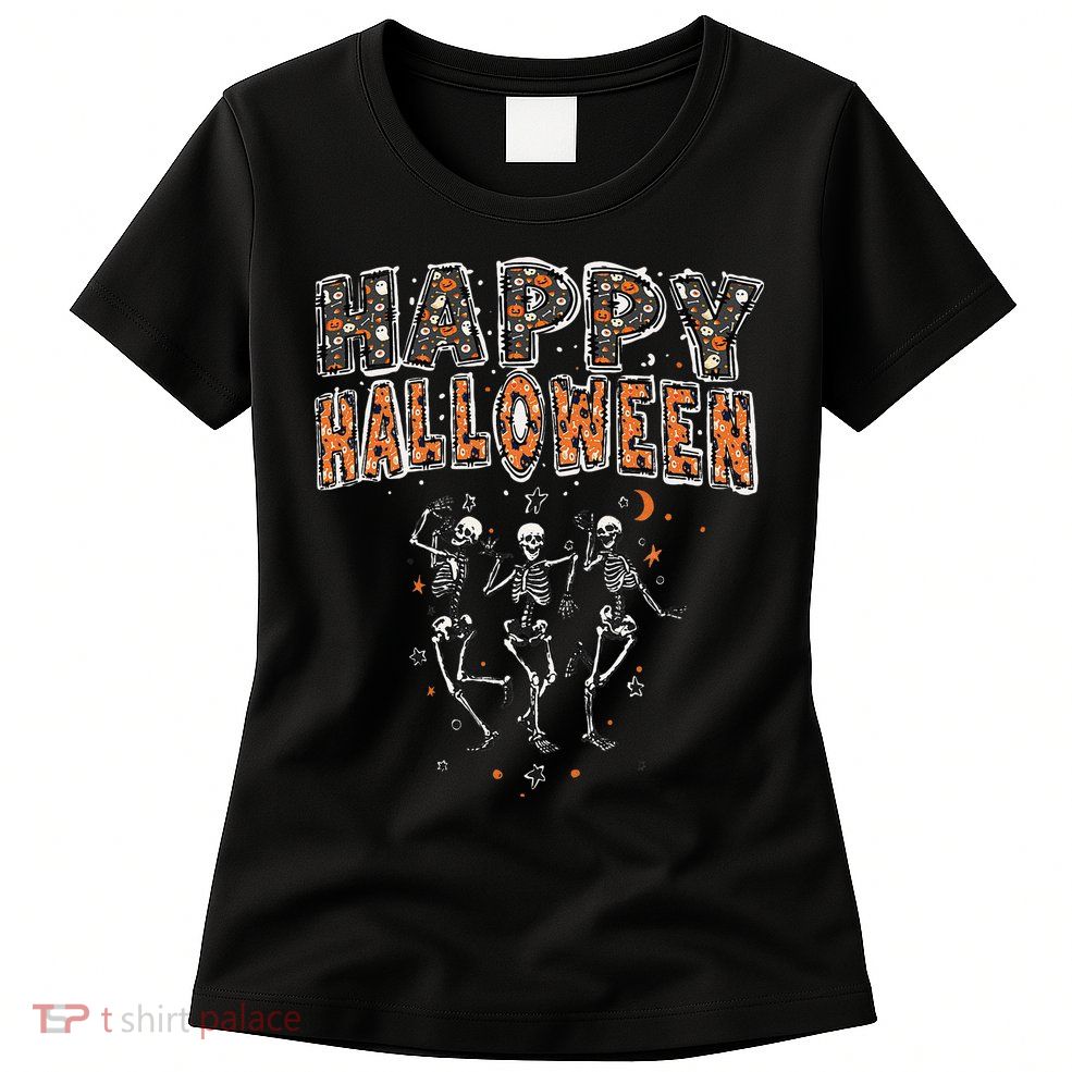 Funny Spooky Happy Halloween Dancing Skeletons Womens T-Shirt
