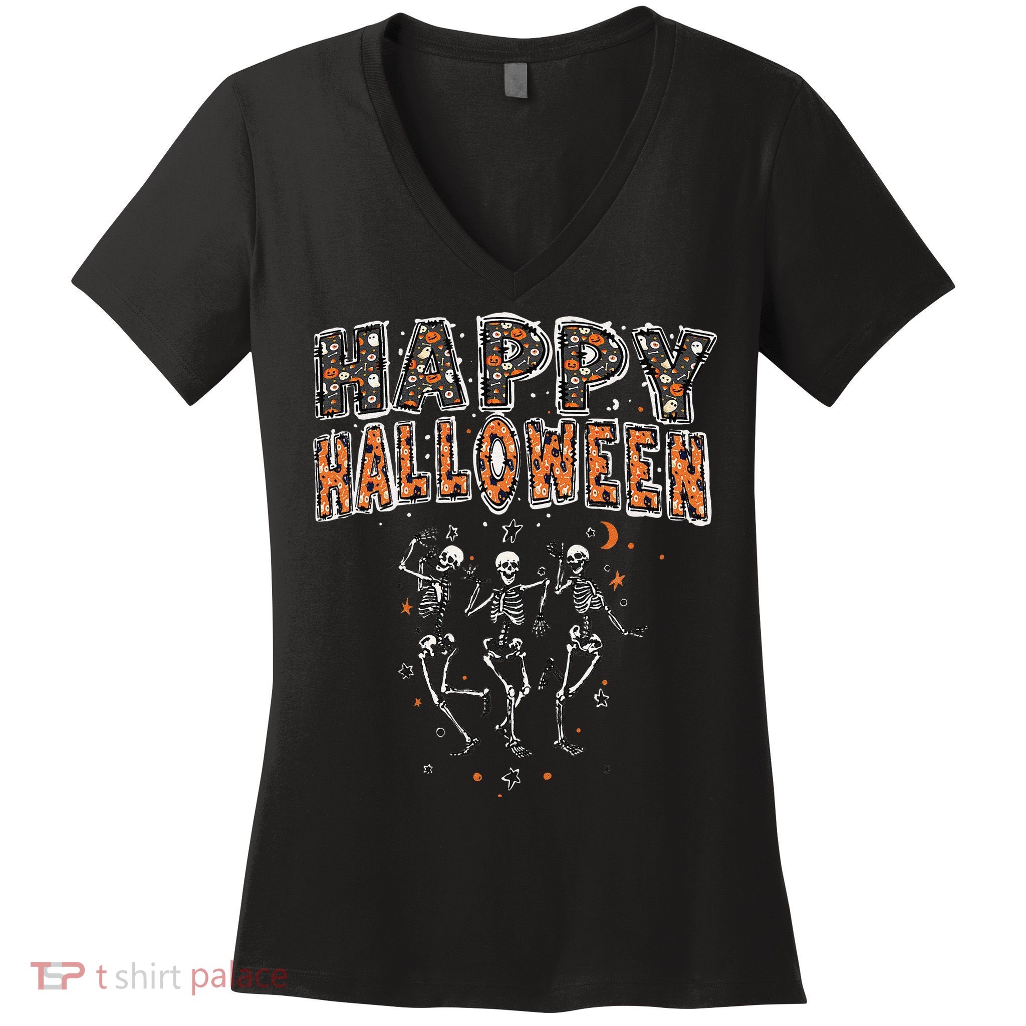 Funny Spooky Happy Halloween Dancing Skeletons Women's V-Neck T-Shirt