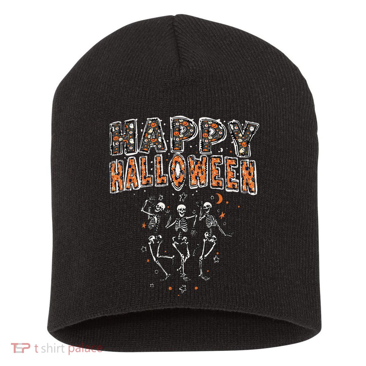 Funny Spooky Happy Halloween Dancing Skeletons Short Acrylic Beanie