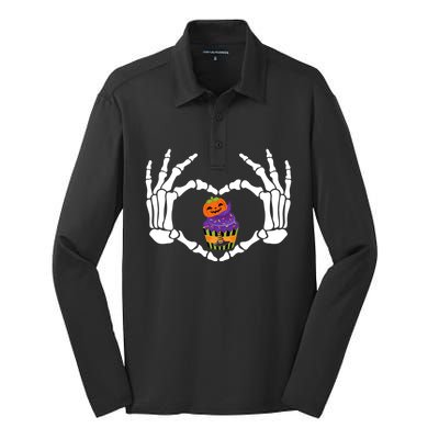 Funny Skeleton Hand Heart Cupcake Baking Halloween Costume Meaningful Gift Silk Touch Performance Long Sleeve Polo