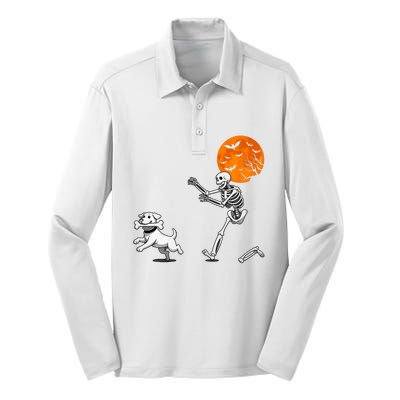 Funny Spooky Humor Halloween Skeleton Chasing Dog Silk Touch Performance Long Sleeve Polo