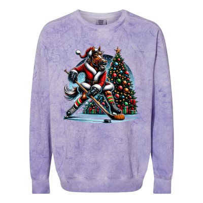 Funny Santa Horse Playing Hockey Christmas Gift Colorblast Crewneck Sweatshirt