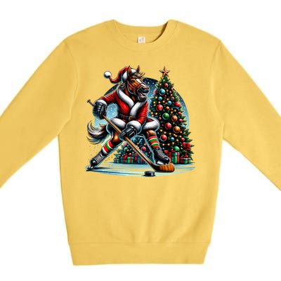 Funny Santa Horse Playing Hockey Christmas Gift Premium Crewneck Sweatshirt