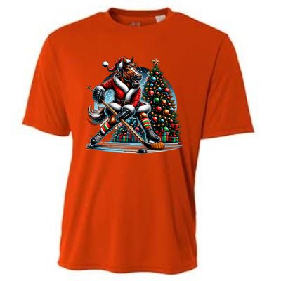 Funny Santa Horse Playing Hockey Christmas Gift Cooling Performance Crew T-Shirt