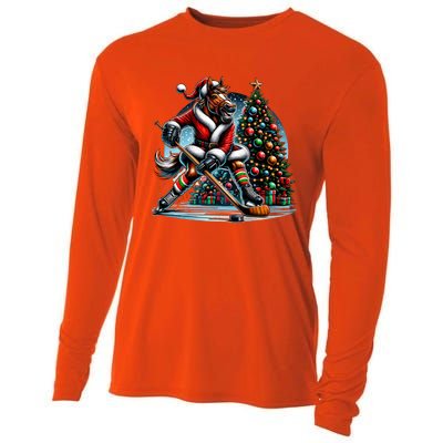 Funny Santa Horse Playing Hockey Christmas Gift Cooling Performance Long Sleeve Crew