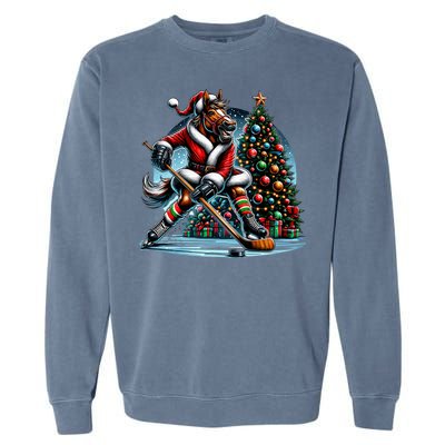 Funny Santa Horse Playing Hockey Christmas Gift Garment-Dyed Sweatshirt