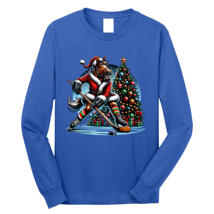 Funny Santa Horse Playing Hockey Christmas Gift Long Sleeve Shirt