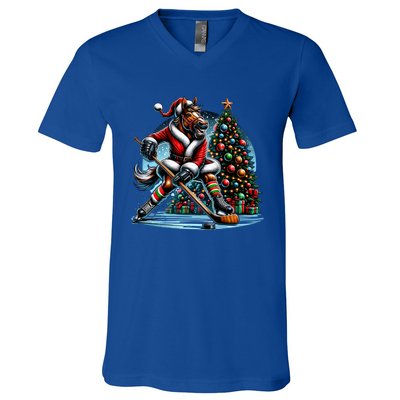 Funny Santa Horse Playing Hockey Christmas Gift V-Neck T-Shirt