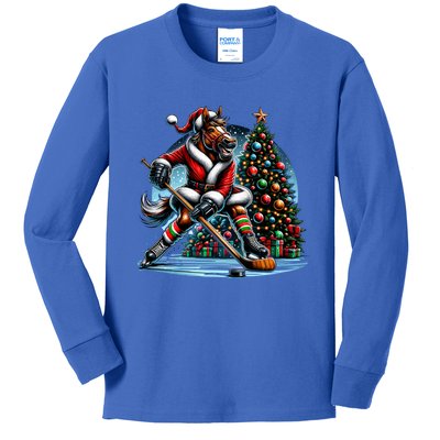 Funny Santa Horse Playing Hockey Christmas Gift Kids Long Sleeve Shirt